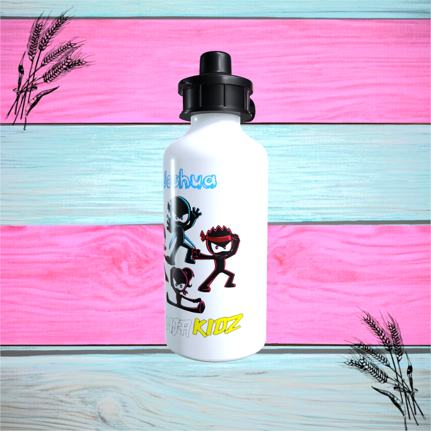 Printed 600ml Ninja Kidz Aluminium Water Bottle, Any Name, Available In White Or Silver