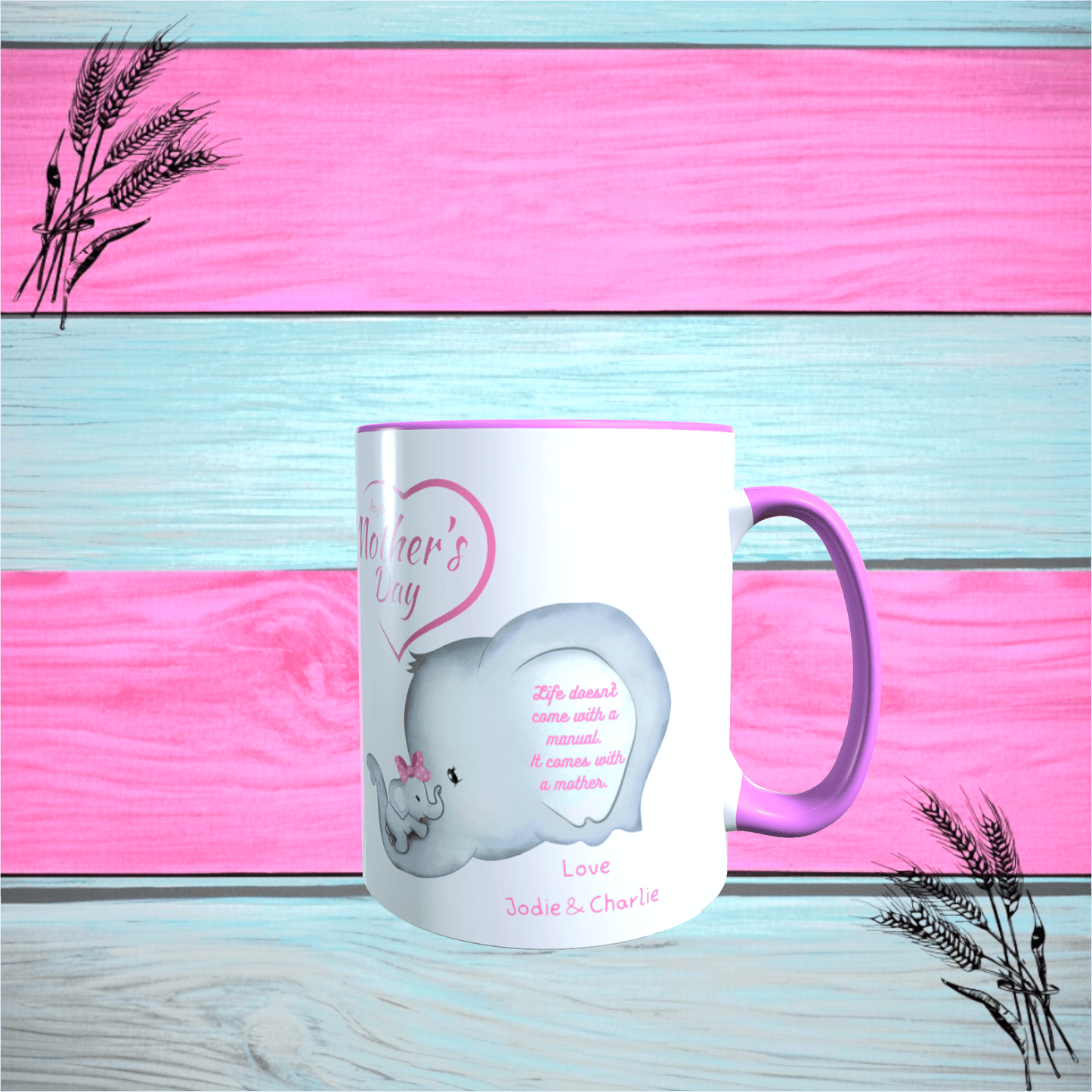 Mothers Day Gift Mug, "Elephant And baby Mug, Any Name, Pink Handle & inner Mug
