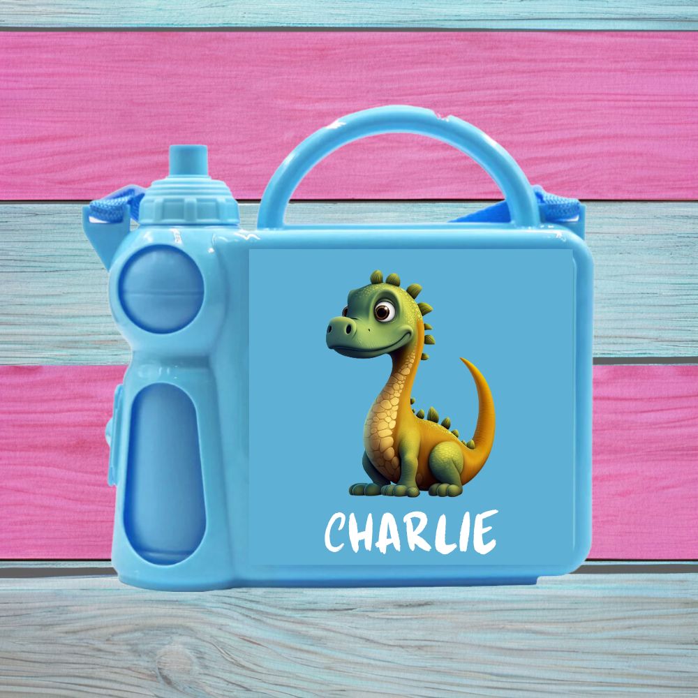 Personalised Children's Lunch Box with Water Bottle, Available in Pink Or Blue With Any Name And Various Designs