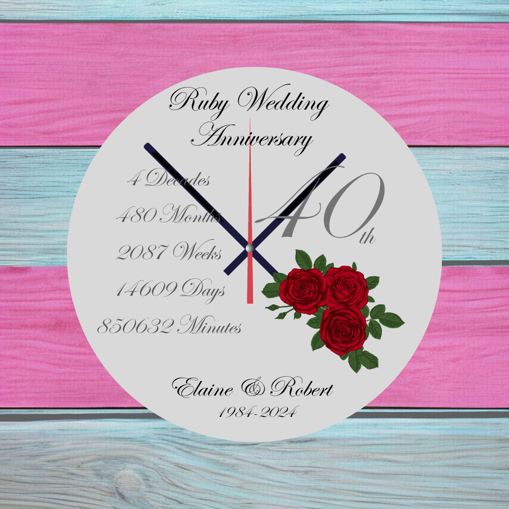 Ruby Wedding Glass Wall Clock, New Personalised Design Available In 20cm Or 30cm