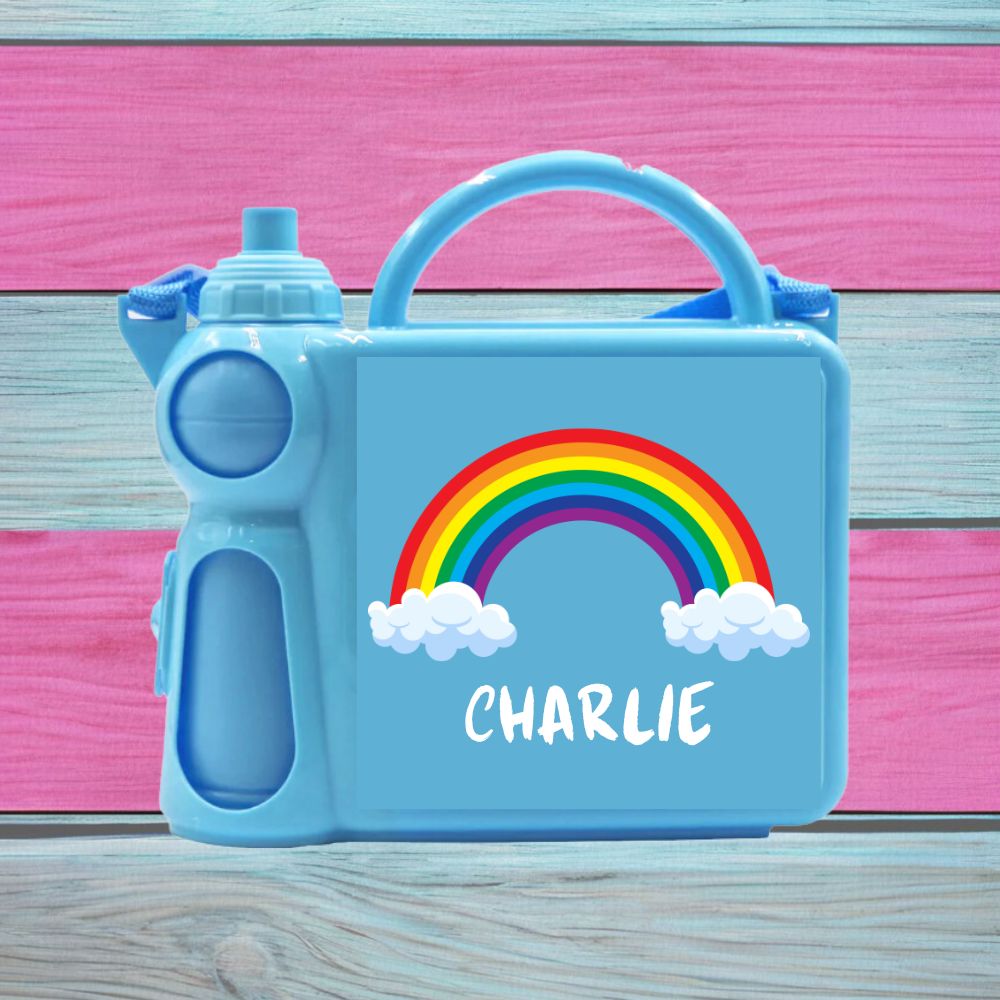 Personalised Children's Lunch Box with Water Bottle, Available in Pink Or Blue With Any Name And Various Designs