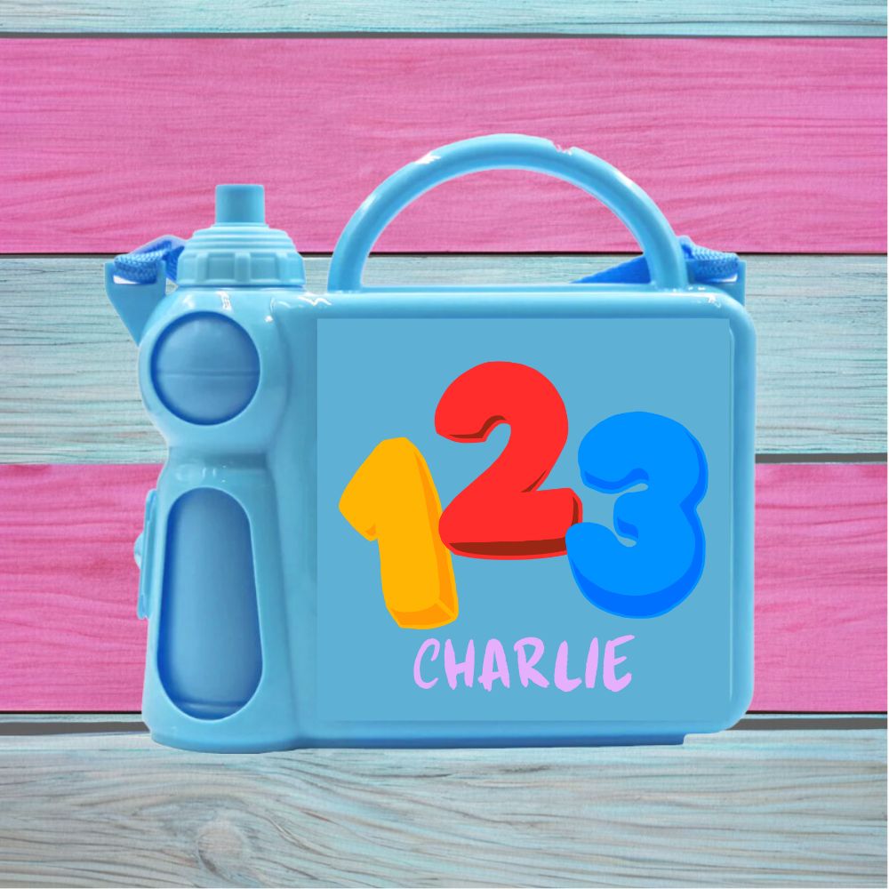 Personalised Children's Lunch Box with Water Bottle, Available in Pink Or Blue With Any Name And Various Designs