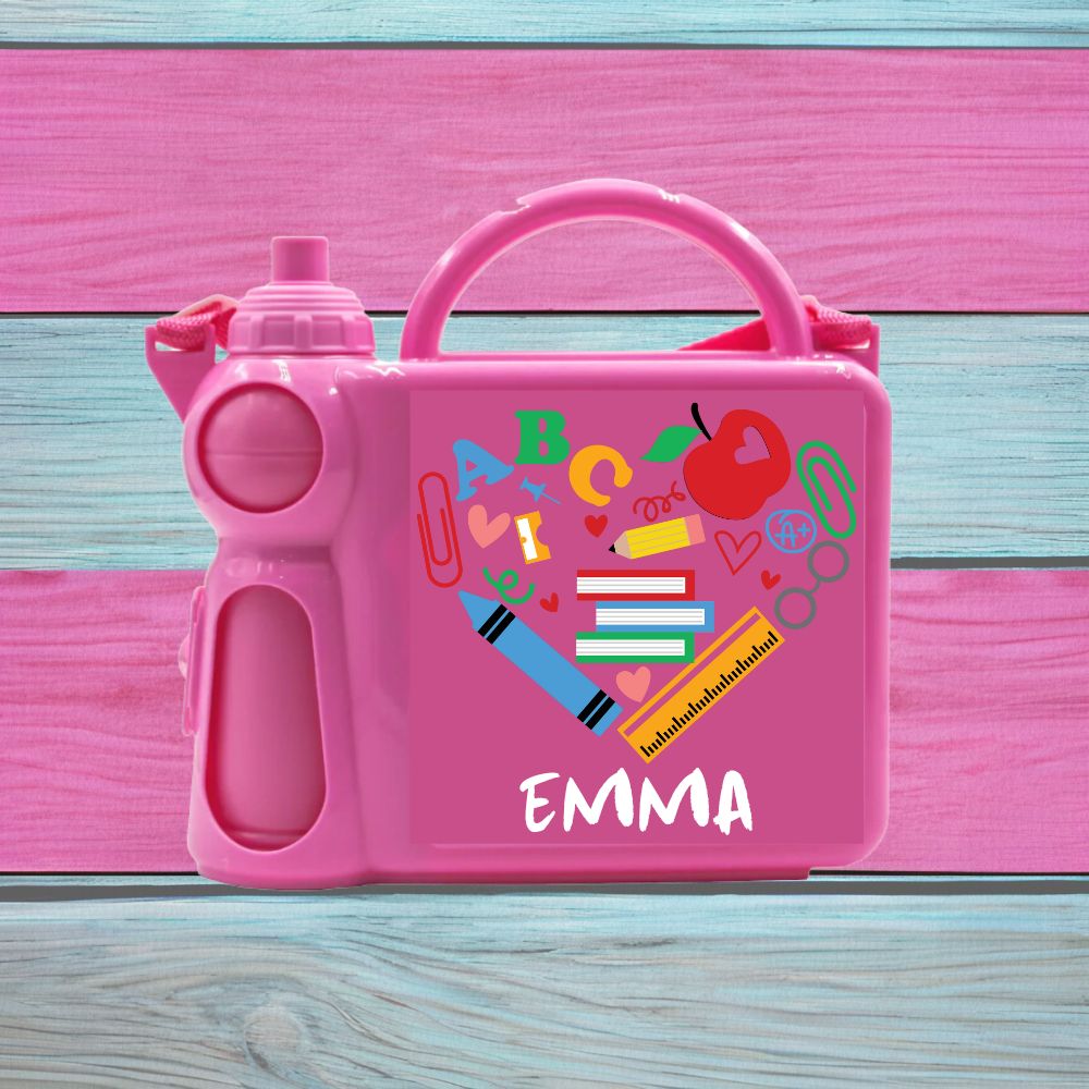 Personalised Children's Lunch Box with Water Bottle, Available in Pink Or Blue With Any Name And Various Designs
