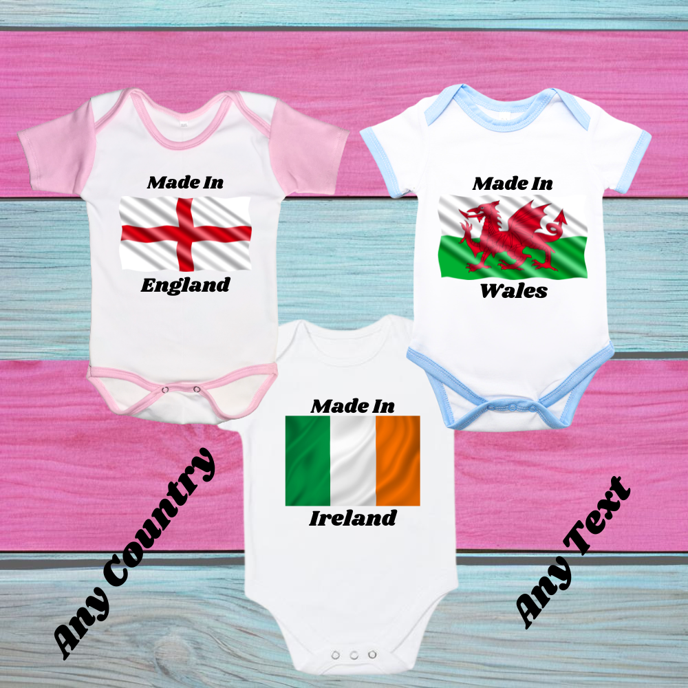 "Made In" Novelty Baby Grow, Any Country, Any Text, Free P+P