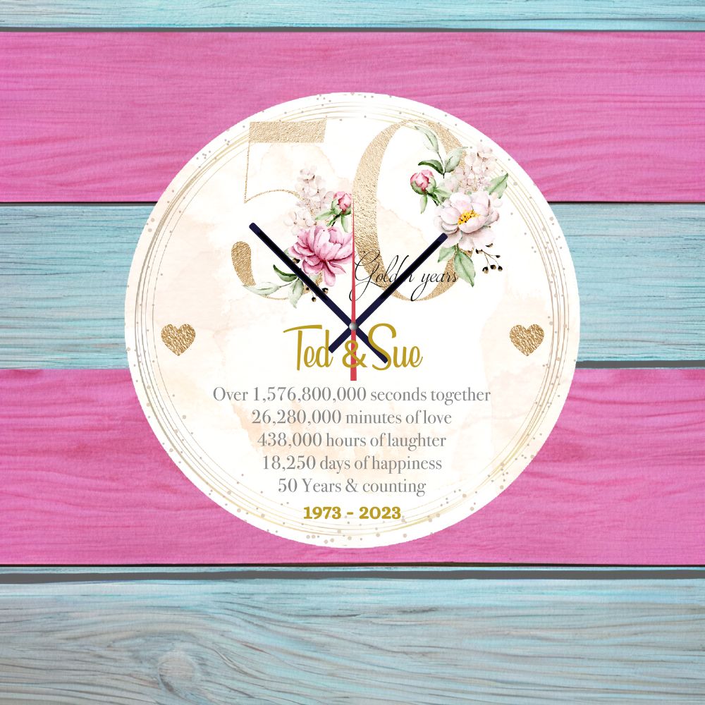 Golden Wedding Anniversary Personalised Wall Clock Available In 20cm Or 30cm