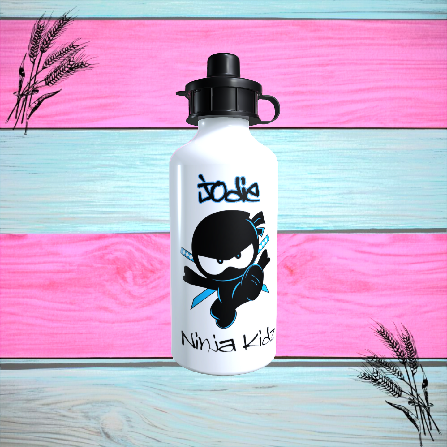 Personalised Ninja Kidz Aluminium Water Bottle With Any Name, Available In White Or Silver