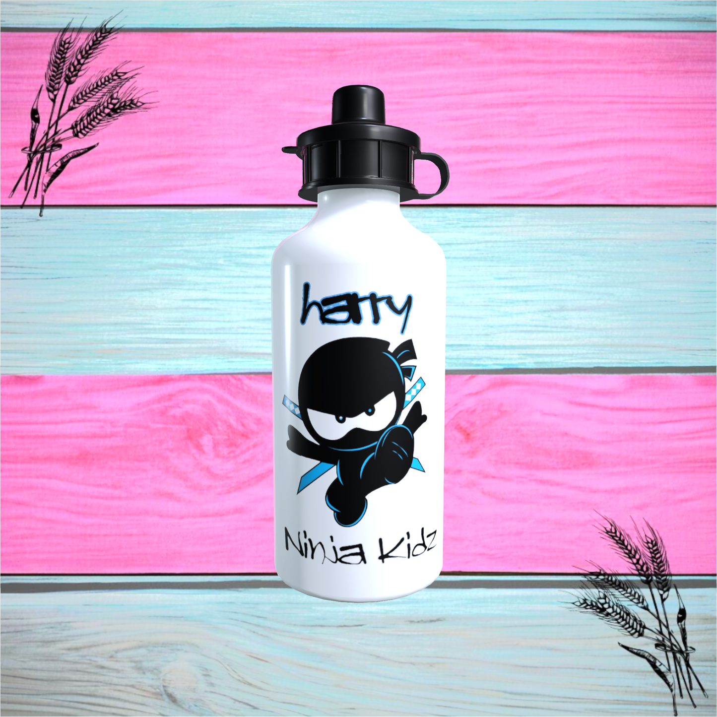 Personalised Ninja Kidz Aluminium Water Bottle With Any Name, Available In White Or Silver