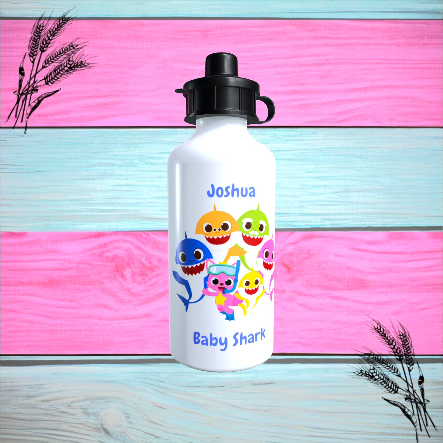 Personalised Baby Shark Aluminium Water Bottle With Any Name, Available In White Or Silver