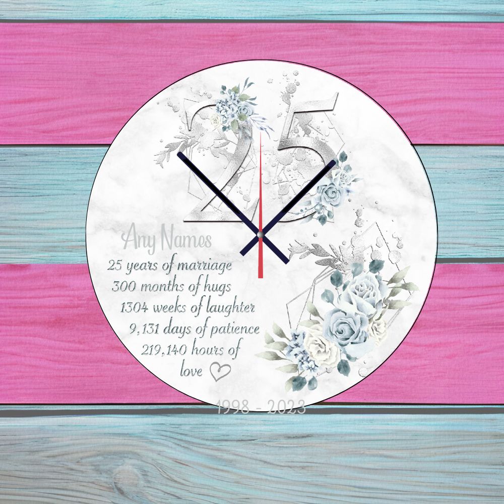 Silver Wedding Personalised Wall Clock Available In 20cm Or 30cm