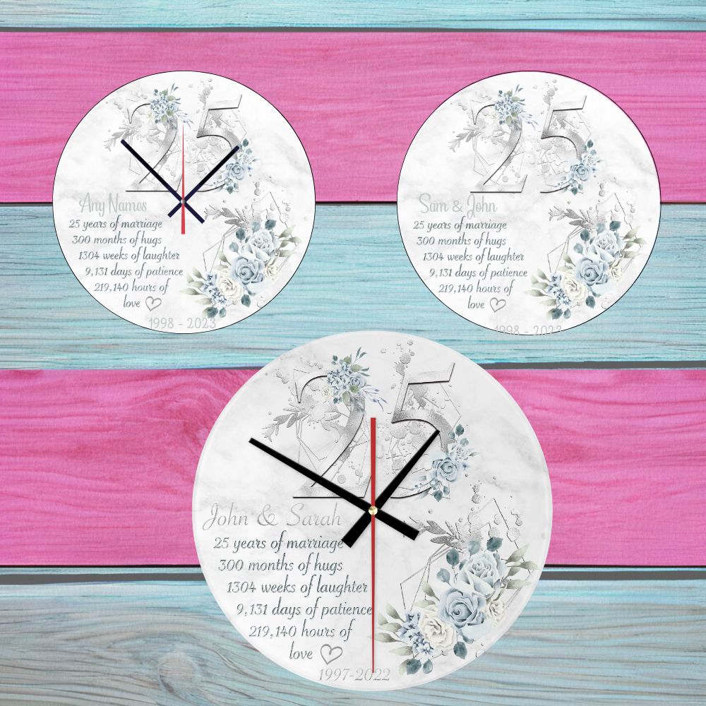 Silver Wedding Personalised Wall Clock Available In 20cm Or 30cm