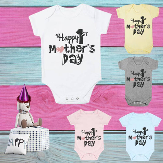 Novelty Printed Happy1st Mothers Day Baby Sleep Suit, Baby Grow, Various Colours