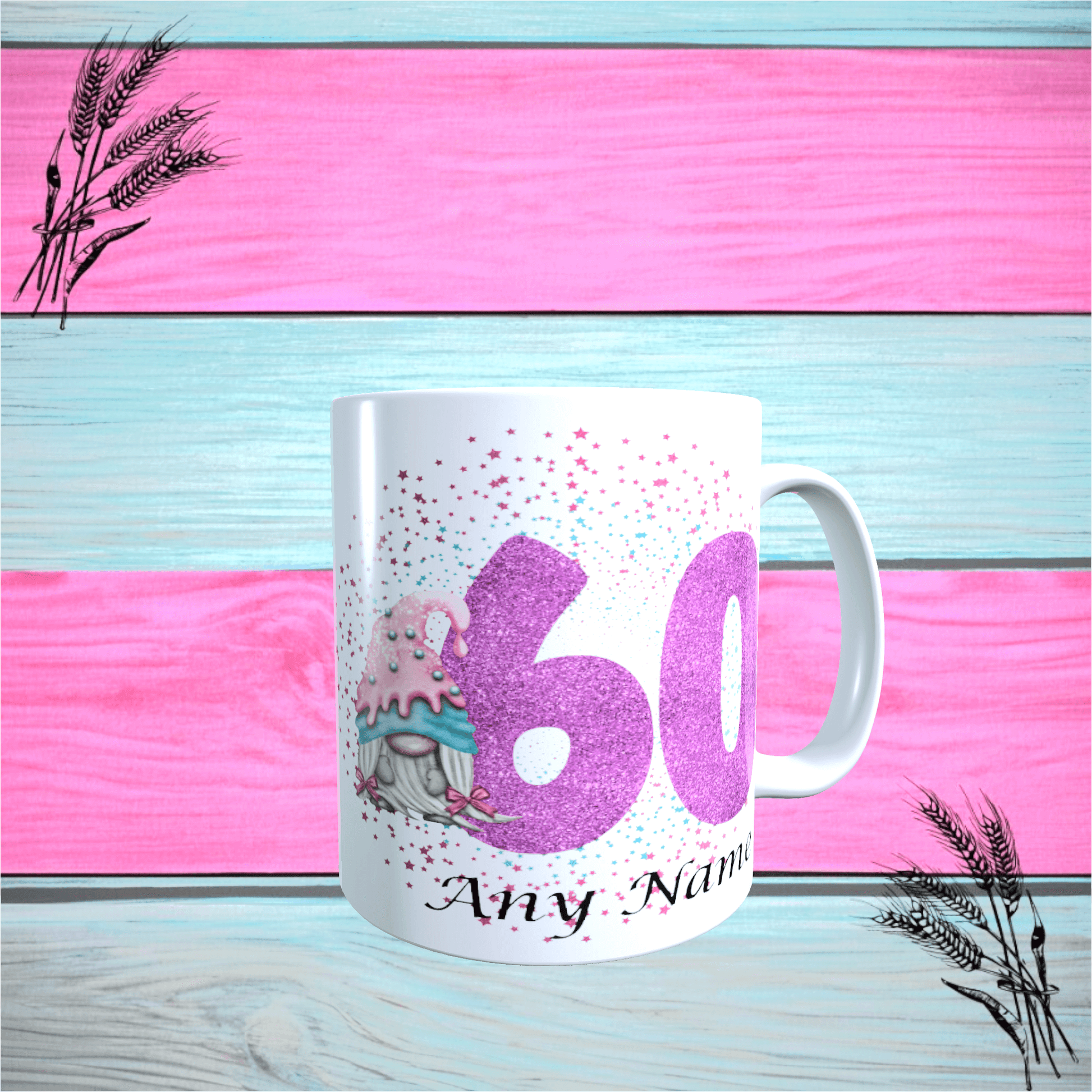 Custom Printed 60th Birthday Mug With Any Name, Pink Or Blue