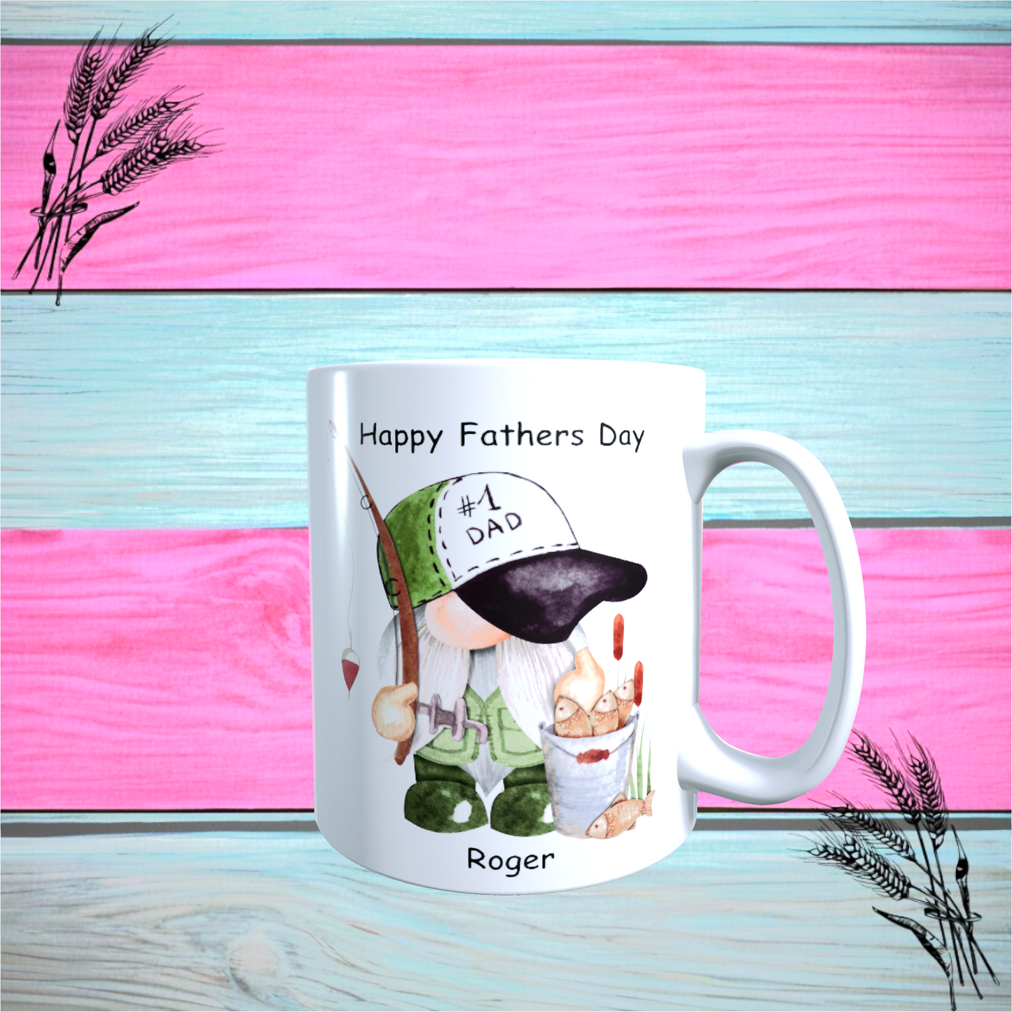 Novelty Printed Fathers Day Gnome Fishing Mug, Any Name, Dad Gift, Gift for Fathers Day, Free P+P