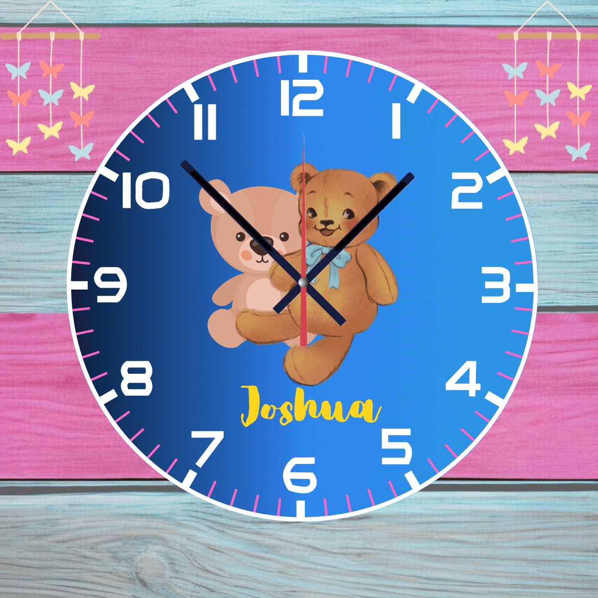 Personalised Nursery Wall Clock, Pink Or Blue, Any Name, Available In 20cm Or 30cm