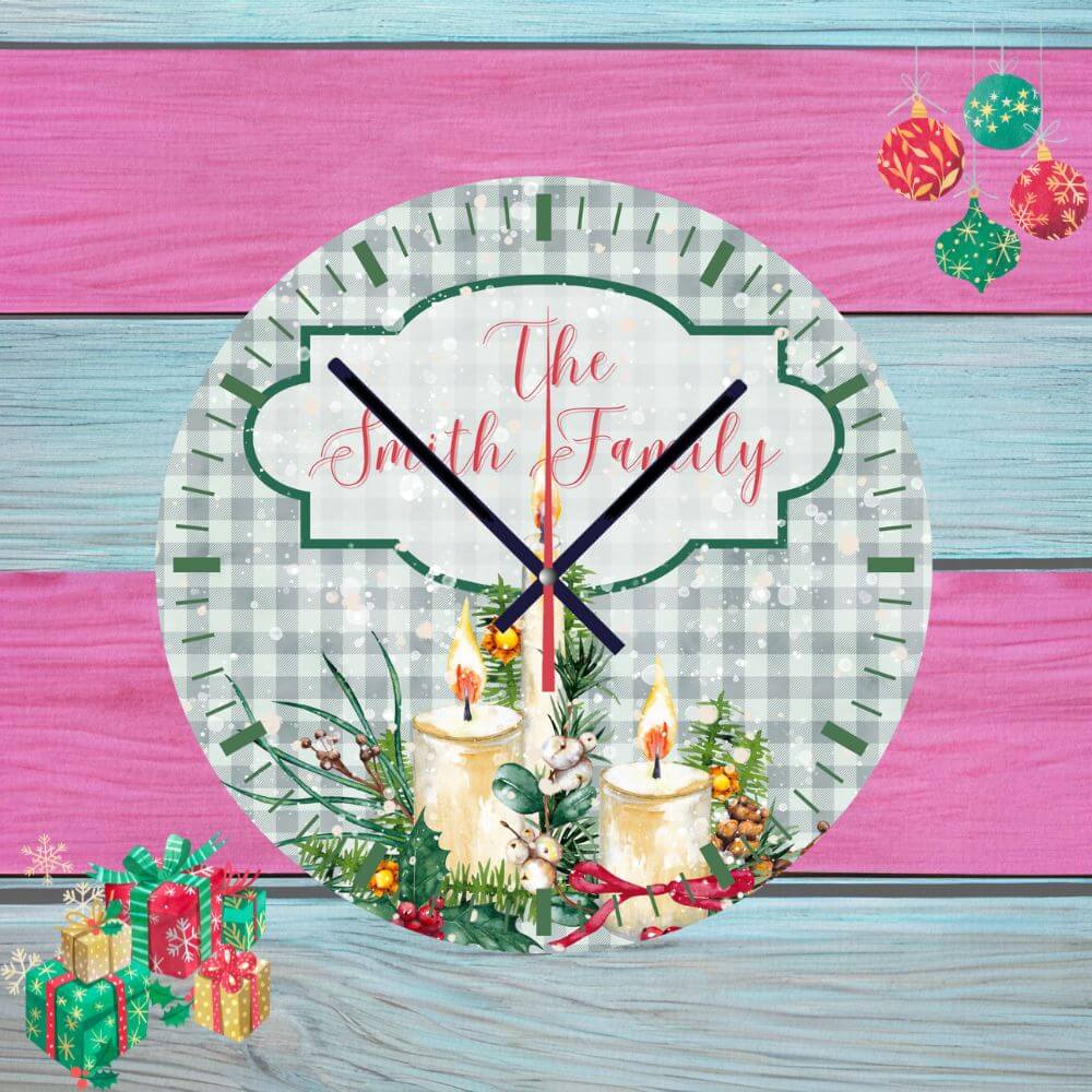 Personalised Christmas Wall Clock, Candle Design With Family Name, Available In 20cm Or 30cm