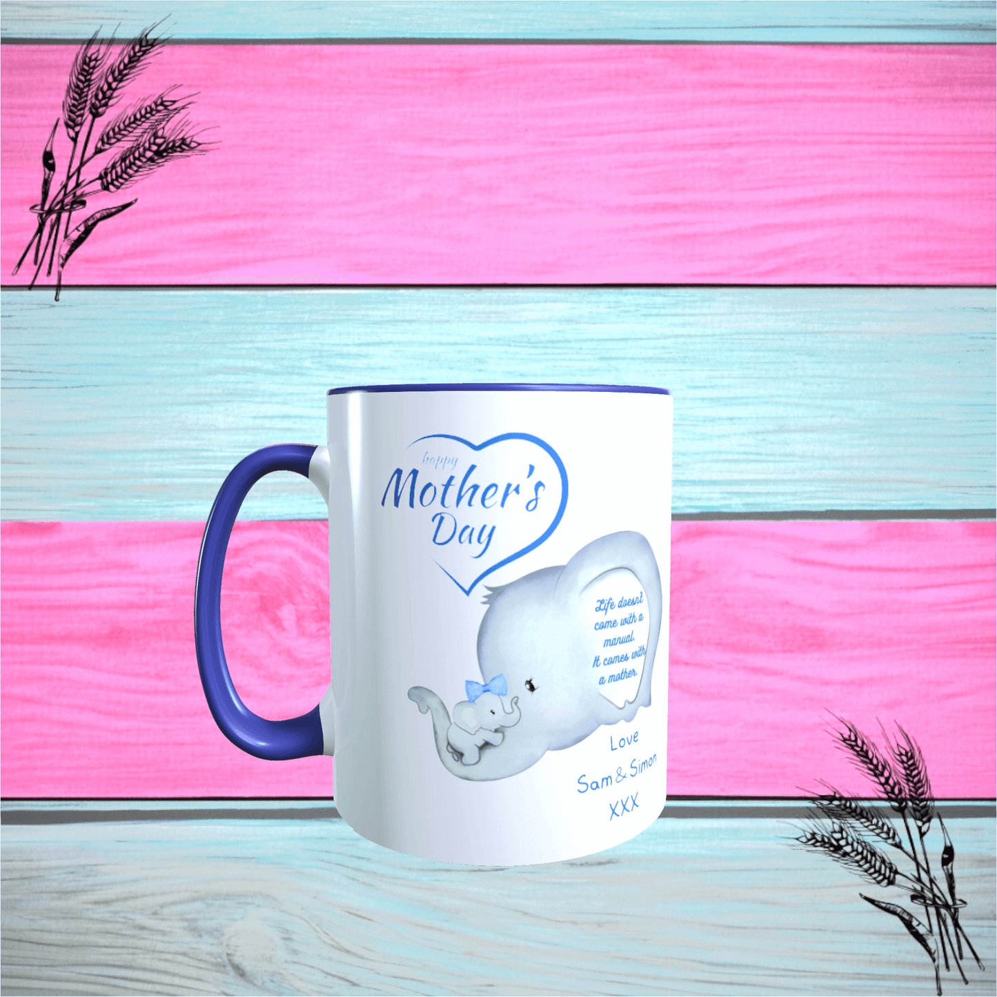 Mothers Day Gift Mug, "Elephant And baby Mug, Any Name, Blue Handle & inner Mug