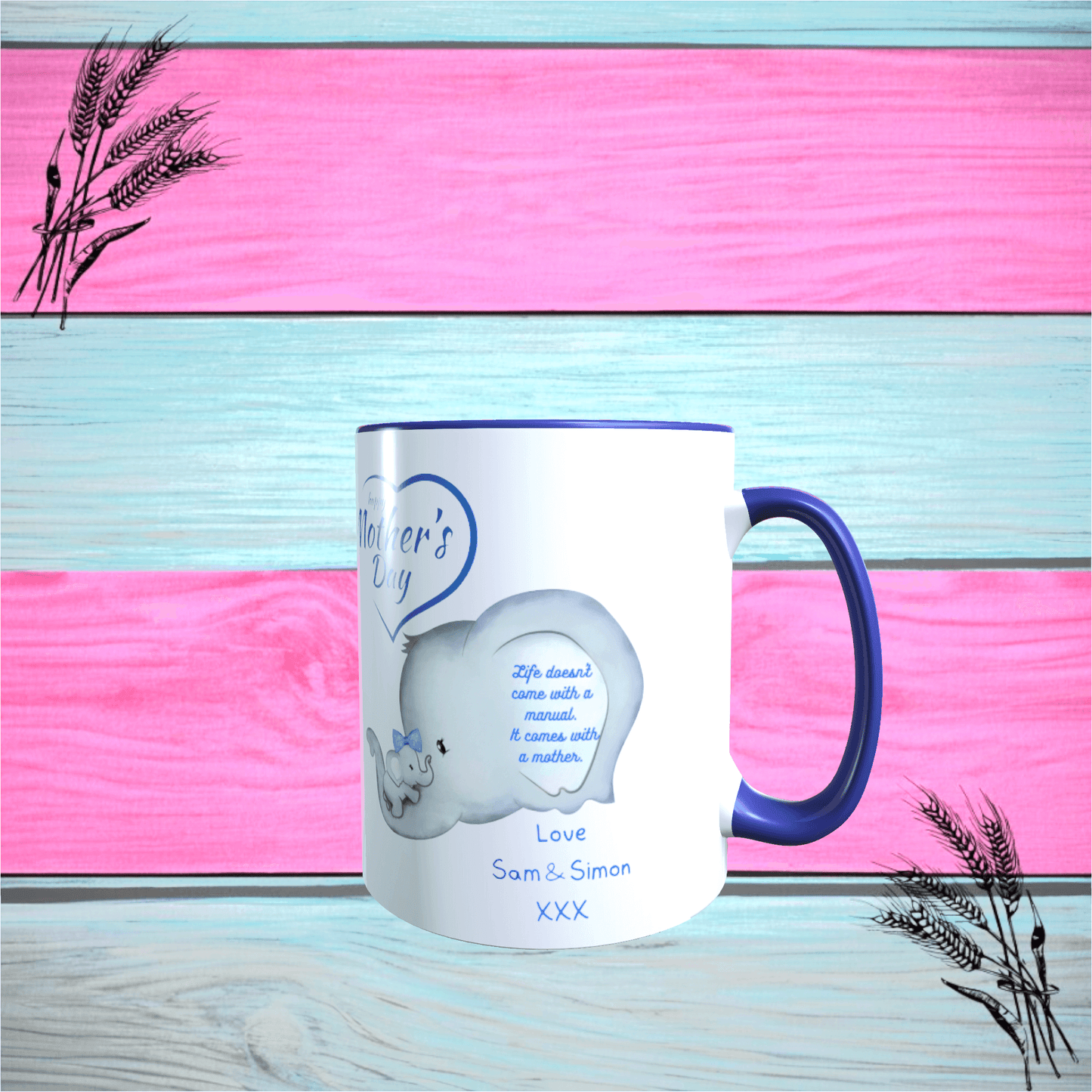 Mothers Day Gift Mug, "Elephant And baby Mug, Any Name, Blue Handle & inner Mug